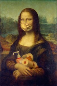 Creative version of the Mona Lisa featuring a face mask and pandemic essentials.